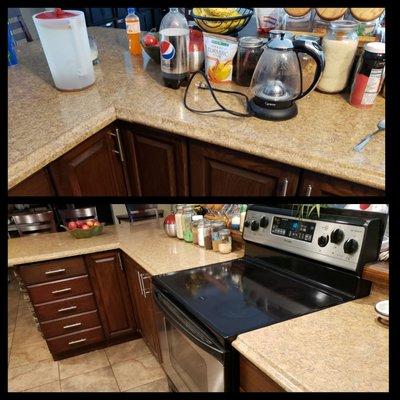 The customer wanted the kitchen organized. This is a before and after cleaning.