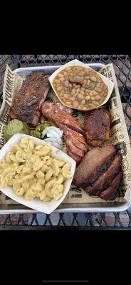 Brisket, ribs, sausage, chicken thigh, Mac & cheese, baked beans