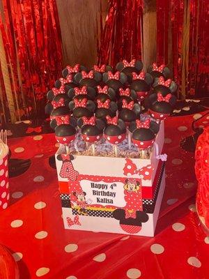 My daughter, second birthday, Minnie mouse themed cake pops