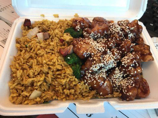 Sesame chicken and pork fried rice