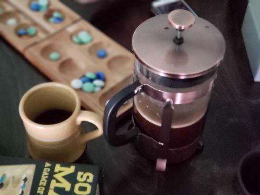 French press coffee and games