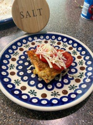 Chicken of the woods bruschetta. Bread mushrooms served with sharp fresh mozzarella and lightly salted tomatoes and a blueberry shrub glaze.