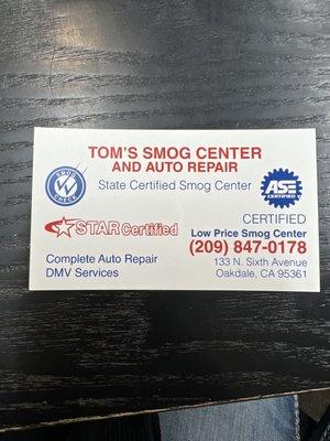 Tom's Smog & Auto Repair Star Station