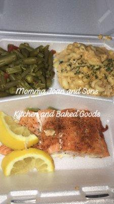 Baked Salmon dinner with Mac and Green Beans