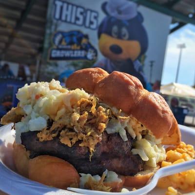 Bear Claw Burger: Two 1/4 lb Angus Patties, MI-based Ebel's BBQ Pulled Pork, Mac & Cheese, Cole Slaw between a Sweetwater's Bear Claw Donut.