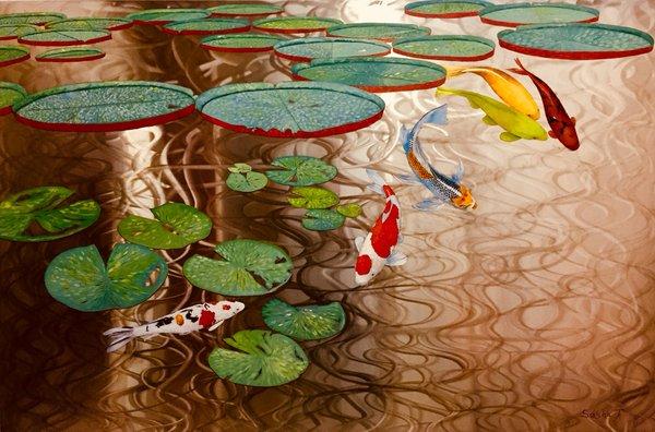 46" x 96" oil on Stainless Steel panned. Commission painting for a sushi restaurant in San Francisco. Metal Koi pond.