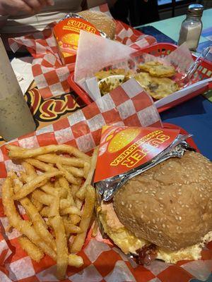 Burger Quesudos and fries