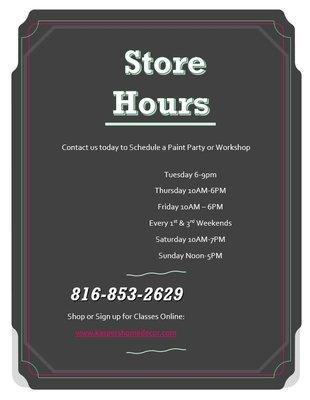 Store Hours We are open every 1st and 3rd Saturday and Sunday of the month only. Call for an appointment outside of posted hours. Thanks!