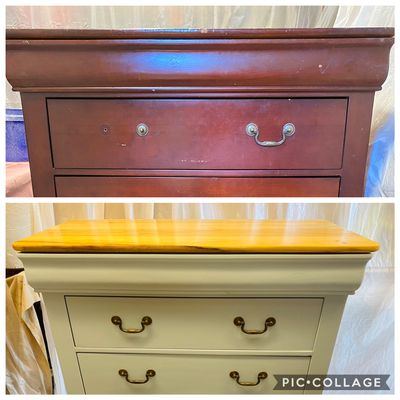 Wood dresser repainted and top section stripped, stained, and refinished