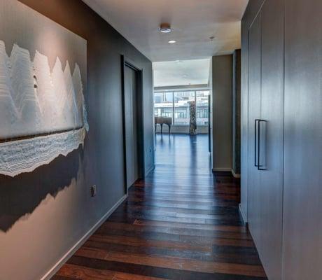 Designer James Blakeley Expand Hallway, flooring, electrical, custom doors and paint.