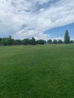 Playground, soccer nets, gravel trail, nice grass