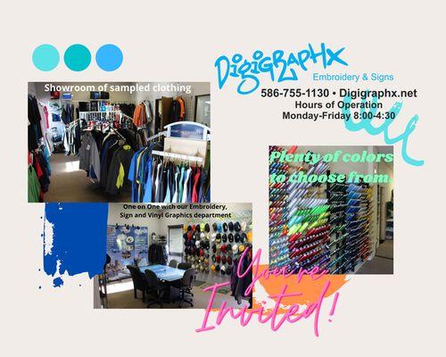 Come and visit us. See what Digigraphx Embroidery and Signs is all about. You have a project? We have a solution! Call or message us today.