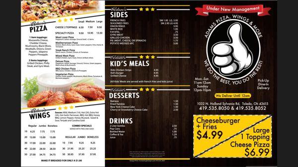 New Adams pizza & wings menu