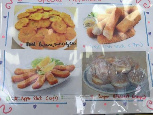 Appetizers like fried banana , fried fish, apple stick and sugar biscuit.