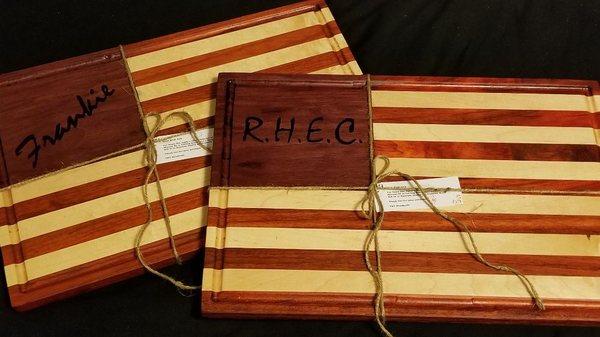 Hardwood American Flag cutting boards made from Maple, Paduak, Purple Heart