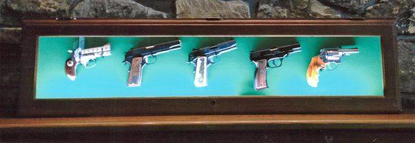 Model #305 Modified to Display Pistols.  Green Felt Solid Pine Fully assembled wall mount or mantle display. 1-800-543-5390