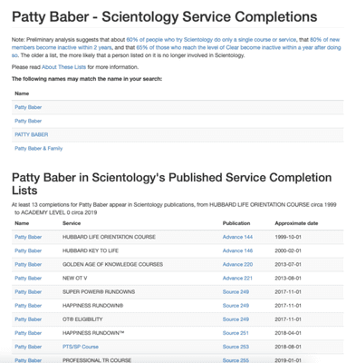 Co-Owner Patty Baber's Scientology Service Completions