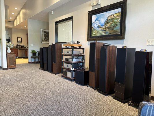 Floor standing speakers, streaming sources, turntables, pre-amps, amps and more!