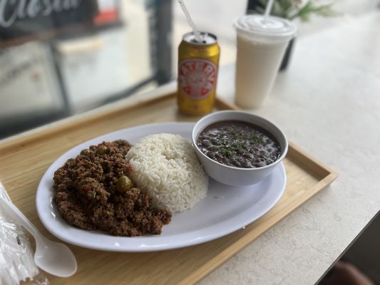 Saturday special- Picadillo ( ground beef) with Black beans and White rice.