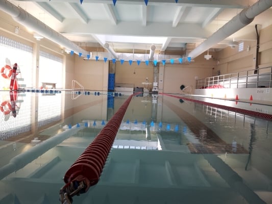 Indoor pool, water is heated to 80-81 degrees, 5 lap lanes, Circle Swim is required whenever crowded