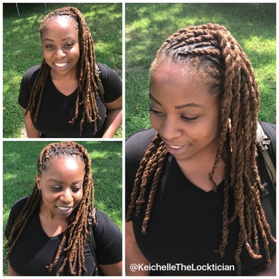 Beautiful natural locks double-strand twisted to the side.