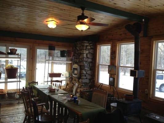 Front meeting room with woodstove