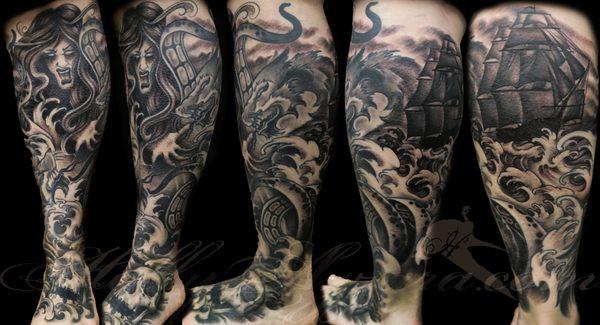 Tattoo by Holly Azzara
 Scilla and ship leg half sleeve with foot