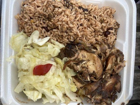 Stew Chicken with Cabbage, and Rice and Beans