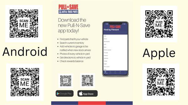 Download our app and lookup parts, see pictures, walking guide to vehicles, add your vehicle to the "garage" and get notified when a new one