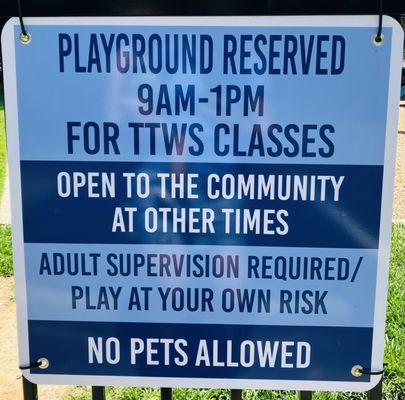 Playground open to the public when school is out. Open all hours for the summer& open anytime after 1pm during the school year.