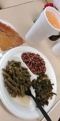 Veggie plate with sweet potato pie and peach lemonade punch.