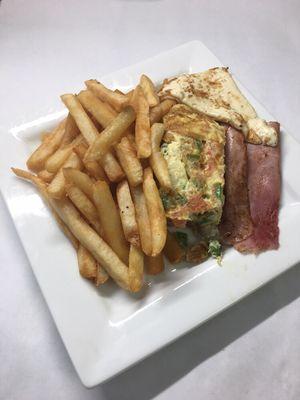 Fried potato w eggs ham and cheese $7.00