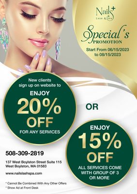 SPECIAL'S PROMOTION

137 West Boylston Street Suite 115 West Boylston, MA 01583

508-309-2819

https://nailslashspa.com/