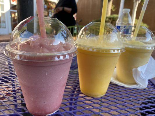 Raspberry, Mango, Piña Colada smoothies.  Delicioso!