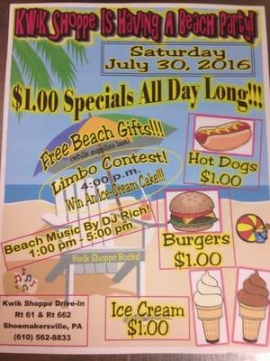 Come join us all day long for beach day at the Kwik Shoppe