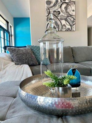 Coffee table styling vignette.