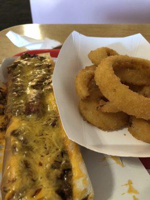 Chile cheese dog is good. Onion rings as well.  They are light and crispy