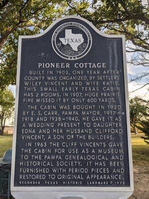 Pioneer Cottage Historical Marker, Pampa