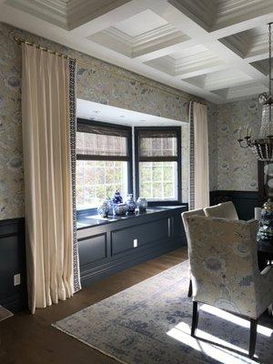 Los Angeles, CA. Motorized woven shades, stationary panels with antique gold rod.