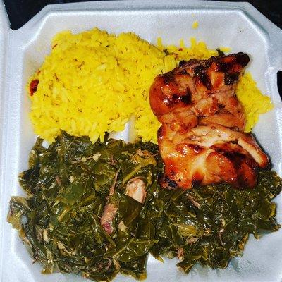 Chicken Teriyaki Fillet With Collard Greens And Yellow Rice