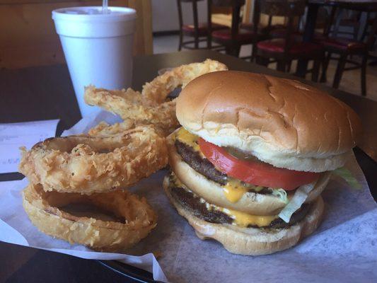 Double cheeseburger with onion rings. Not cheap, but quite tasty and filling. Onion rings were good, but a bit bland.