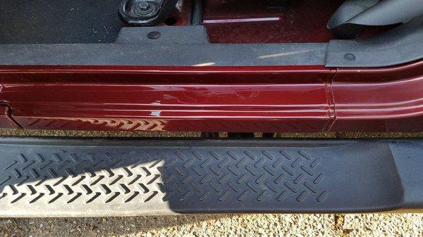 After pic: dent on the inside fixed; installed used running board; looks like new again