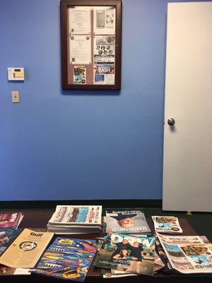 Magazines and one of the bulletin boards