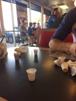 Hot tip: use the creamer cups to catch the ac drops on table two (from the back).