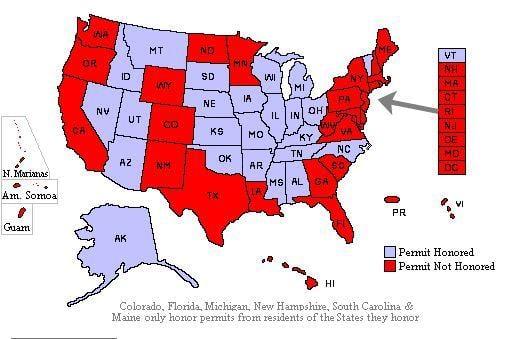 The states in blue indicate that they recognize the IL CCW in their states.