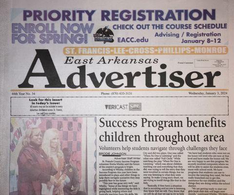 upper front page of a recent edition of the East Arkansas Advertiser