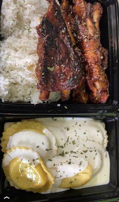 BBQ RIBs with white rice and Alfredo