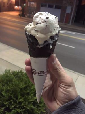 Chocolate dipped waffle cone with PB chip and cookie dough.