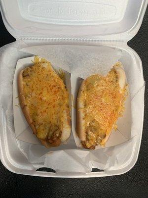 Two Coney Island Chili Cheese Dogs