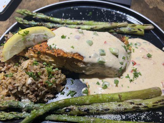 Stuffed salmon with dirty rice